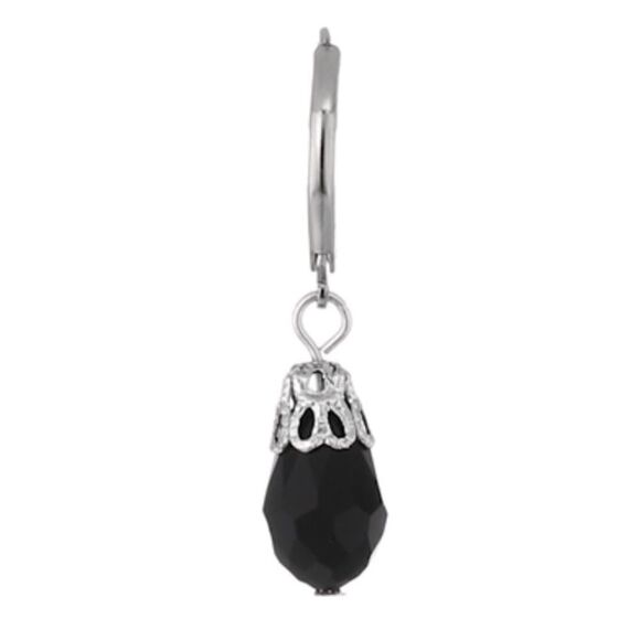 1928 Silver and Black Onyx Crystal Dangling Lever Back Hook Earrings